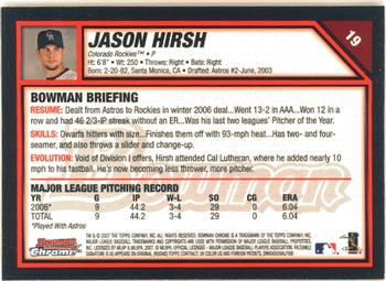 2007 Bowman Chrome #19 Jason Hirsh Back