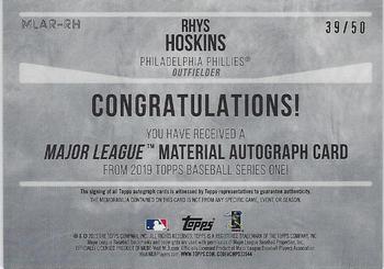 2019 Topps - Major League Material Autographs #MLAR-RH Rhys Hoskins Back