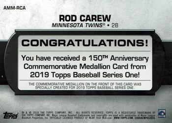 2019 Topps - 150th Anniversary Commemorative Medallions (Series One) #AMM-RCA Rod Carew Back