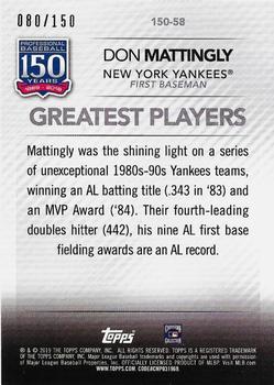 2019 Topps - 150 Years of Professional Baseball 150th Anniversary #150-58 Don Mattingly Back