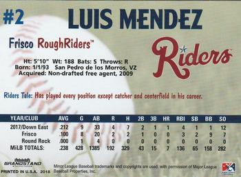 2018 Grandstand Frisco RoughRiders #NNO Luis Mendez Back