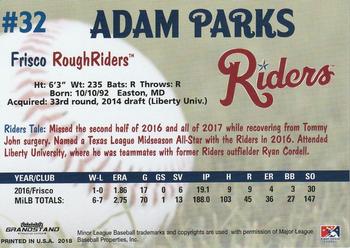 2018 Grandstand Frisco RoughRiders #NNO Adam Parks Back