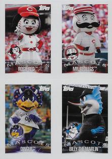 2019 Topps Stickers #152 / 157 / 166 / 175 Rosie Red / Mr. Redlegs / Dinger / Billy the Marlin Front