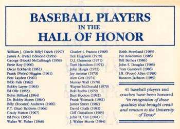 1992 Leesley Texas Longhorns #NNO Baseball Players in the Hall Honor Back