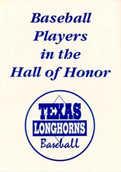 1992 Leesley Texas Longhorns #NNO Baseball Players in the Hall Honor Front