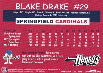 2018 Grandstand Springfield Cardinals SGA #NNO Blake Drake Back