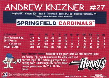 2018 Grandstand Springfield Cardinals SGA #NNO Andrew Knizner Back