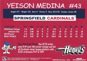 2018 Grandstand Springfield Cardinals SGA #NNO Yeison Medina Back