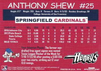 2018 Grandstand Springfield Cardinals SGA #NNO Anthony Shew Back
