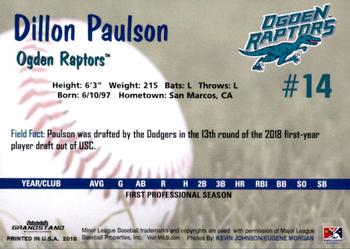 2018 Grandstand Ogden Raptors #NNO Dillon Paulson Back