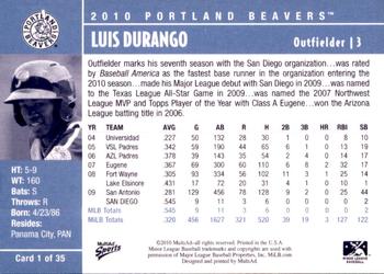 2010 MultiAd Portland Beavers #1 Luis Durango Back