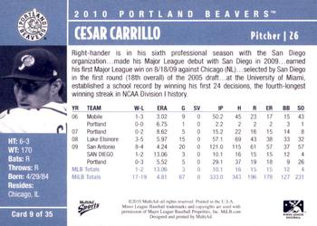 2010 MultiAd Portland Beavers #9 Cesar Carrillo Back