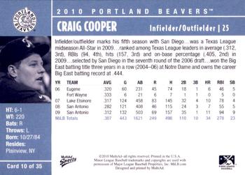 2010 MultiAd Portland Beavers #10 Craig Cooper Back