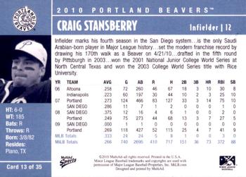 2010 MultiAd Portland Beavers #13 Craig Stansberry Back