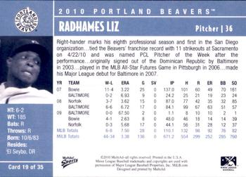 2010 MultiAd Portland Beavers #19 Radhames Liz Back