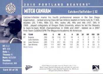 2010 MultiAd Portland Beavers #20 Mitch Canham Back