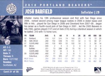 2010 MultiAd Portland Beavers #21 Josh Barfield Back