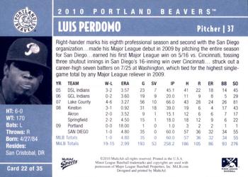 2010 MultiAd Portland Beavers #22 Luis Perdomo Back