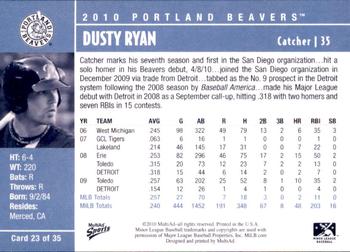 2010 MultiAd Portland Beavers #23 Dusty Ryan Back