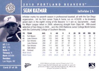 2010 MultiAd Portland Beavers #27 Sean Kazmar Back