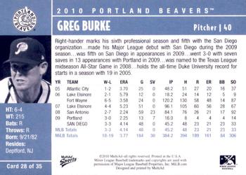 2010 MultiAd Portland Beavers #28 Greg Burke Back