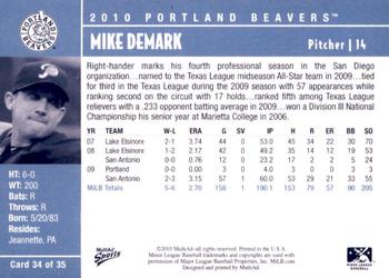 2010 MultiAd Portland Beavers #34 Mike DeMark Back