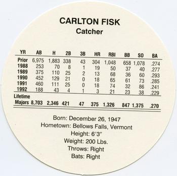 1993 Cadaco Discs #NNO Carlton Fisk Back