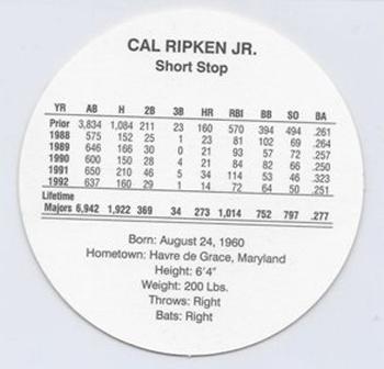 1993 Cadaco Discs #NNO Cal Ripken Jr. Back