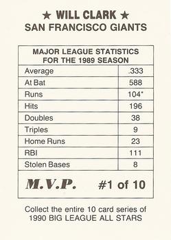 1990 M.V.P. Big League All Stars Blue Background (unlicensed) #1 Will Clark Back