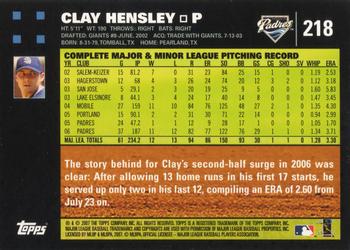 2007 Topps #218 Clay Hensley Back