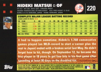 2007 Topps #220 Hideki Matsui Back