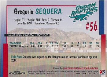 2017 Grandstand Ogden Raptors #NNO Gregorio Sequera Back