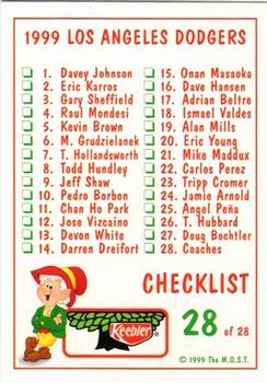 1999 Keebler Los Angeles Dodgers #28 Coaches & Checklist (Rick Dempsey / Claude Osteen / Rick Down / Manny Mota / Jim Tracy / Glenn Hoffman / John Shelby) Back