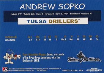 2018 Grandstand Tulsa Drillers #NNO Andrew Sopko Back