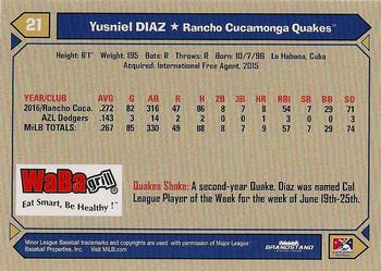 2017 Grandstand Rancho Cucamonga Quakes #NNO Yusniel Diaz Back