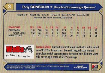 2017 Grandstand Rancho Cucamonga Quakes #NNO Tony Gonsolin Back