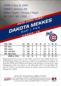 2018 Choice Iowa Cubs #19 Dakota Mekkes Back