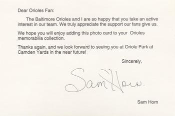 1992 Baltimore Orioles Photocards #NNO Sam Horn Back