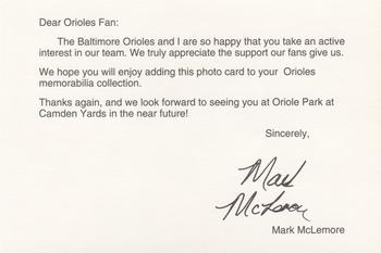 1992 Baltimore Orioles Photocards #NNO Mark McLemore Back