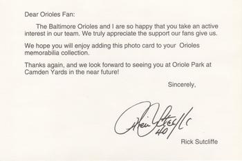 1992 Baltimore Orioles Photocards #NNO Rick Sutcliffe Back