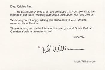 1992 Baltimore Orioles Photocards #NNO Mark Williamson Back