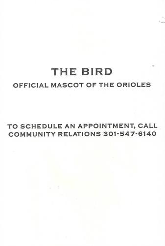 1992 Baltimore Orioles Photocards #NNO Oriole Bird Back