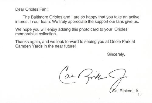 1992 Baltimore Orioles Photocards #NNO Cal Ripken Jr. Back