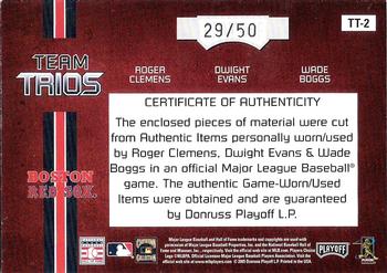 2005 Playoff Absolute Memorabilia - Team Trios Swatch Single #TT-2 Roger Clemens / Wade Boggs / Dwight Evans Back