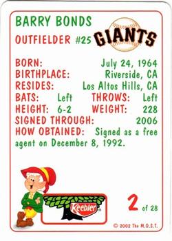 2002 Keebler San Francisco Giants SGA #2 Barry Bonds Back