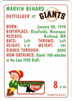 2002 Keebler San Francisco Giants SGA #8 Marvin Benard Back
