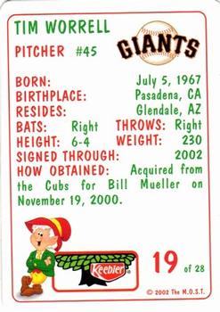 2002 Keebler San Francisco Giants SGA #19 Tim Worrell Back
