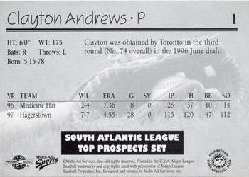 1998 Multi-Ad South Atlantic League Top Prospects #1 Clayton Andrews Back