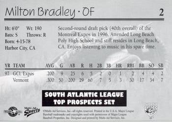 1998 Multi-Ad South Atlantic League Top Prospects #2 Milton Bradley Back