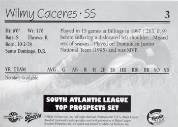 1998 Multi-Ad South Atlantic League Top Prospects #3 Wilmy Caceres Back